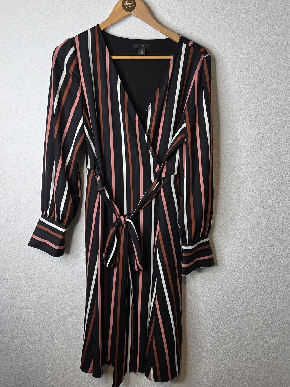 Halogen Black Striped Wrap Dress with Coral and White Accents Womens Size Medium